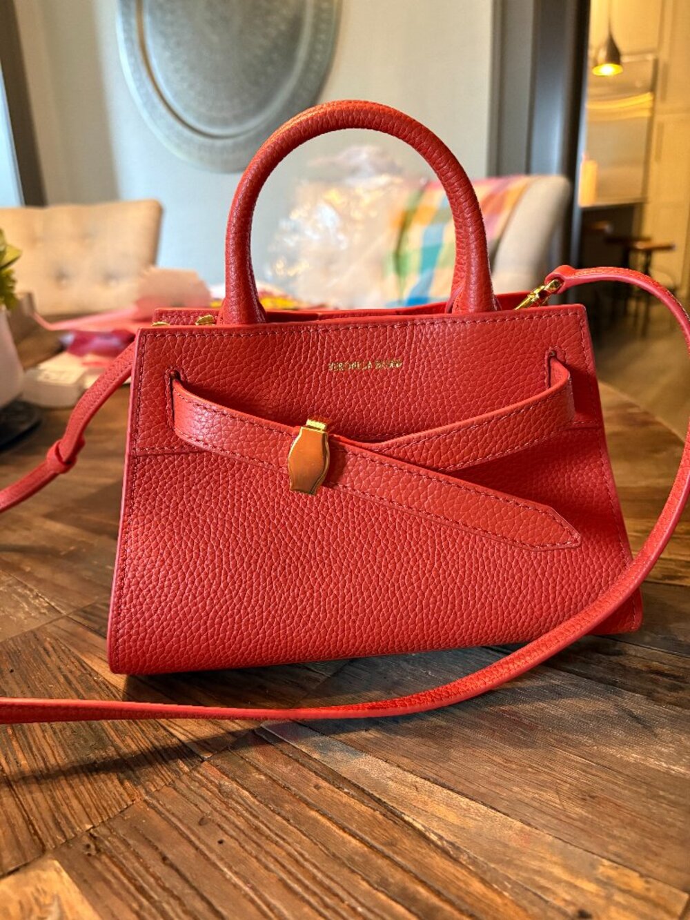 Veronica Beard Mini Dash Leather Crossbody Bag in Persimmon